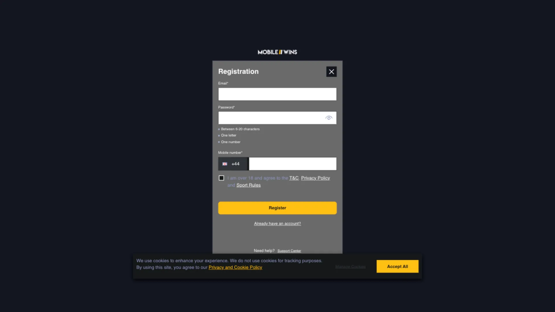 Mobile Wins Casino How To Sign Up Step 2 Background Image
