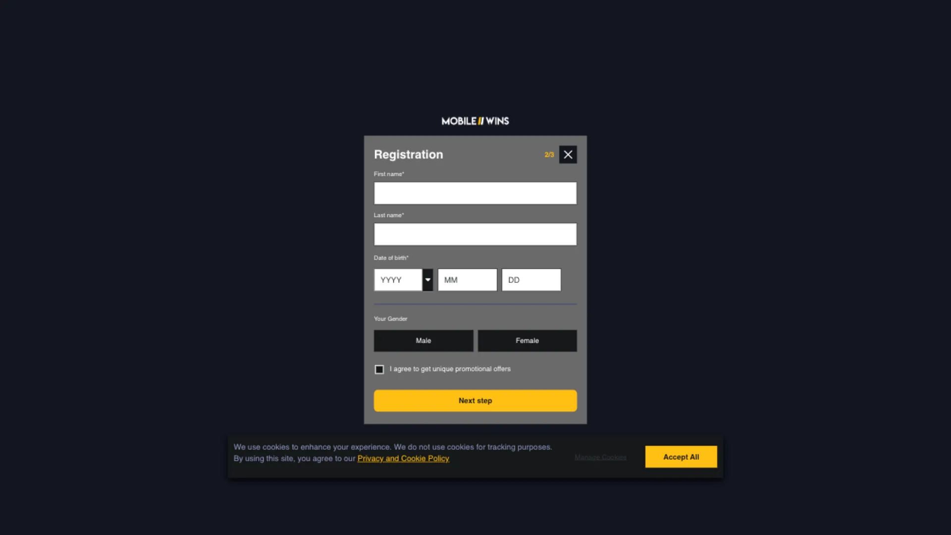 Mobile Wins Casino How To Sign Up Step 3 Background Image