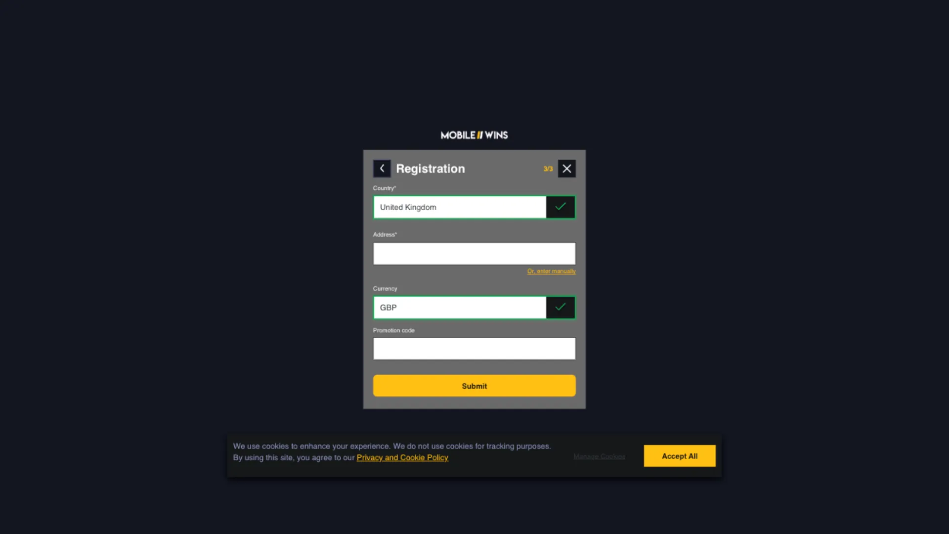Mobile Wins Casino How To Sign Up Step 4 Background Image