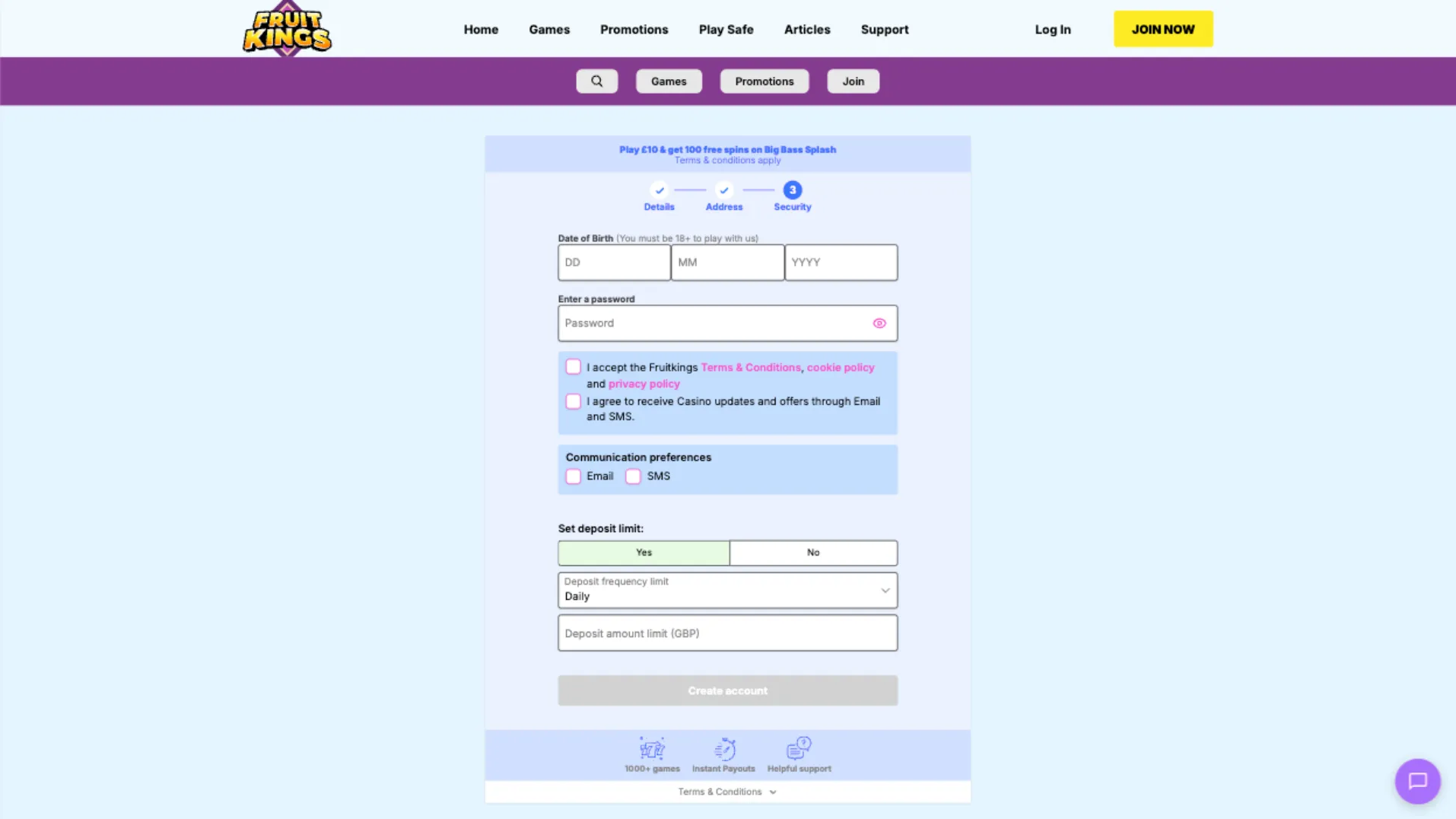 Fruitkings Casino How To Sign Up Step 4 Background Image