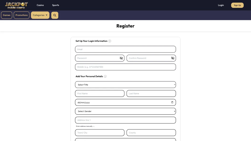 Jackpot Mobile Casino How To Sign Up Step 2 Background Image