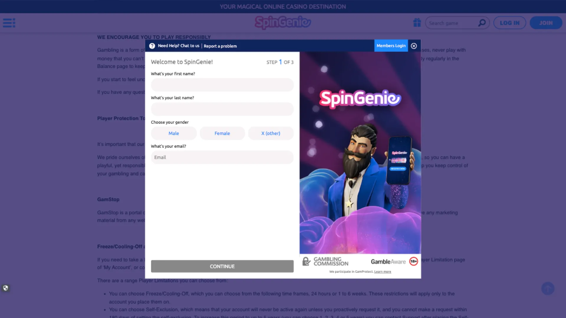 Spin Genie Casino How To Sign Up Step 2 Background Image