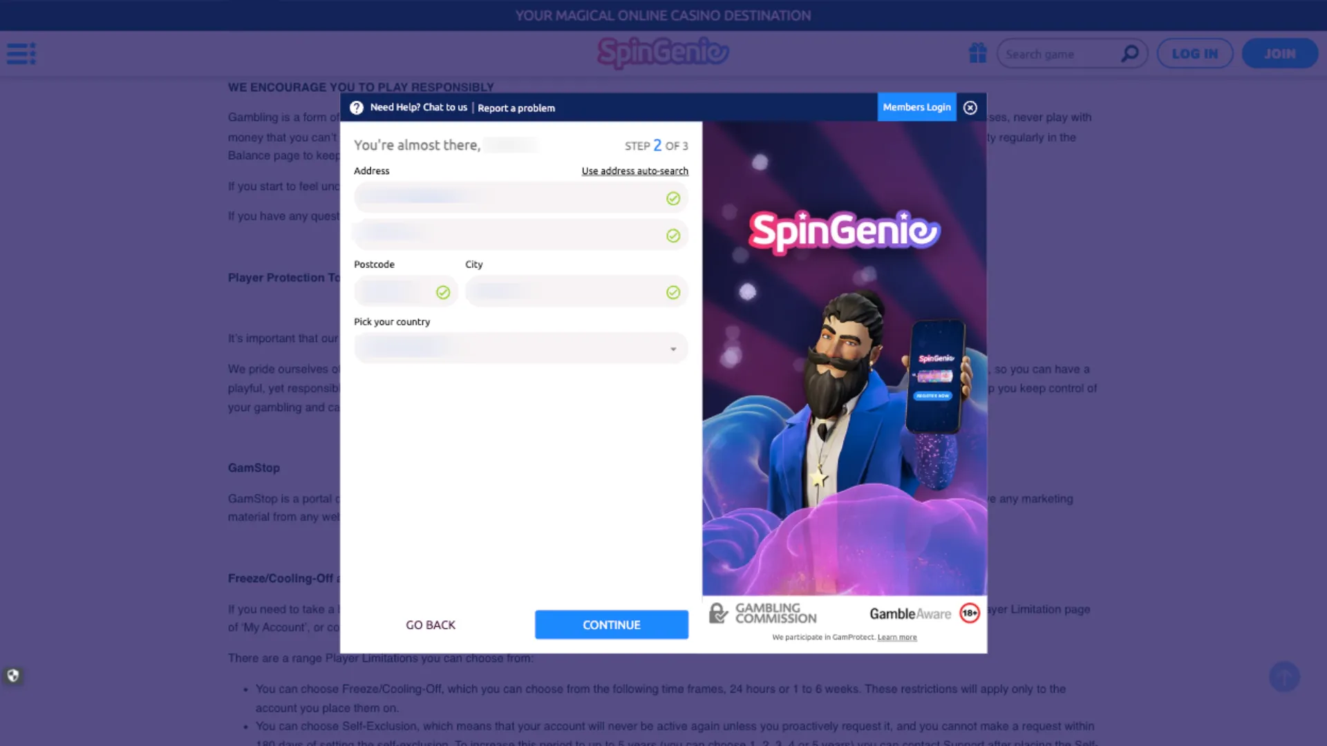 Spin Genie Casino How To Sign Up Step 3 Background Image