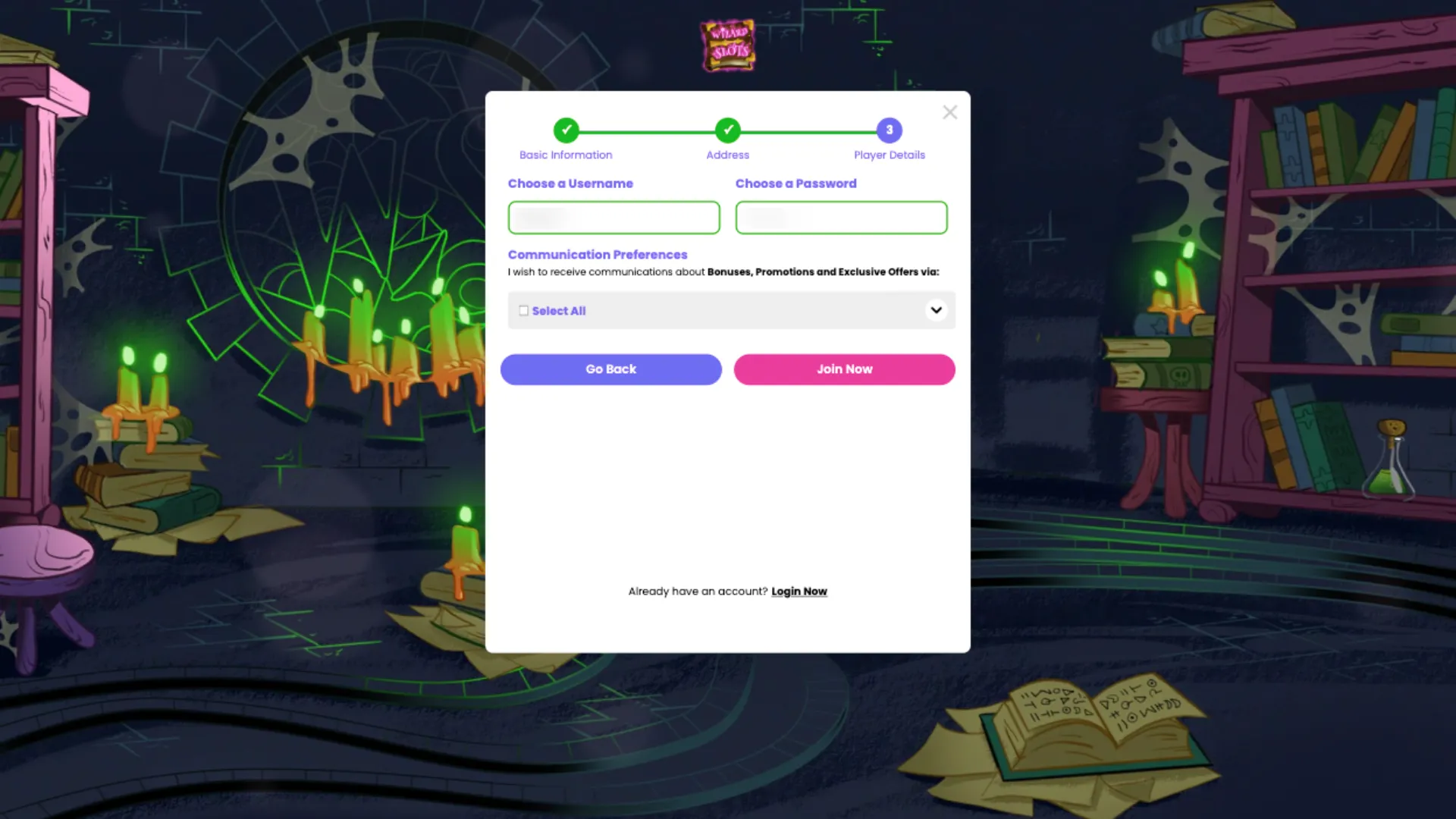 Wizard Slots Casino How To Sign Up Step 3 Background Image