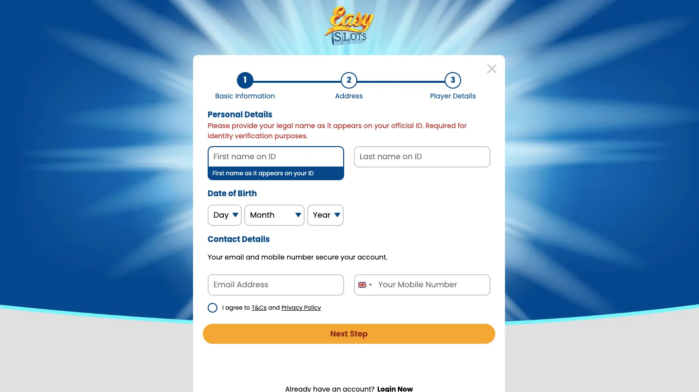 Easy Slots Casino How To Sign Up Step 2 Background Image