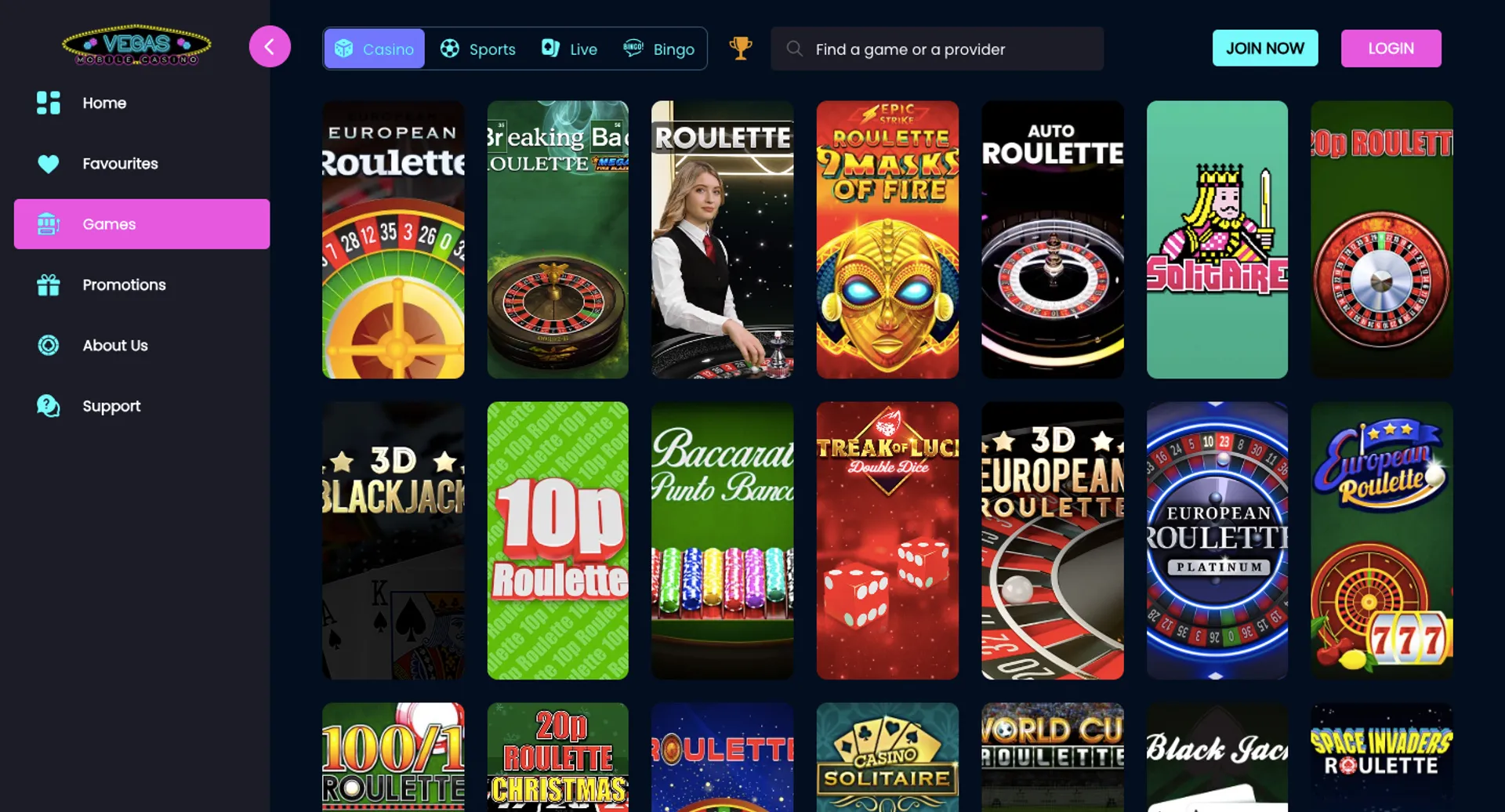 Vegas Mobile Casino table games
