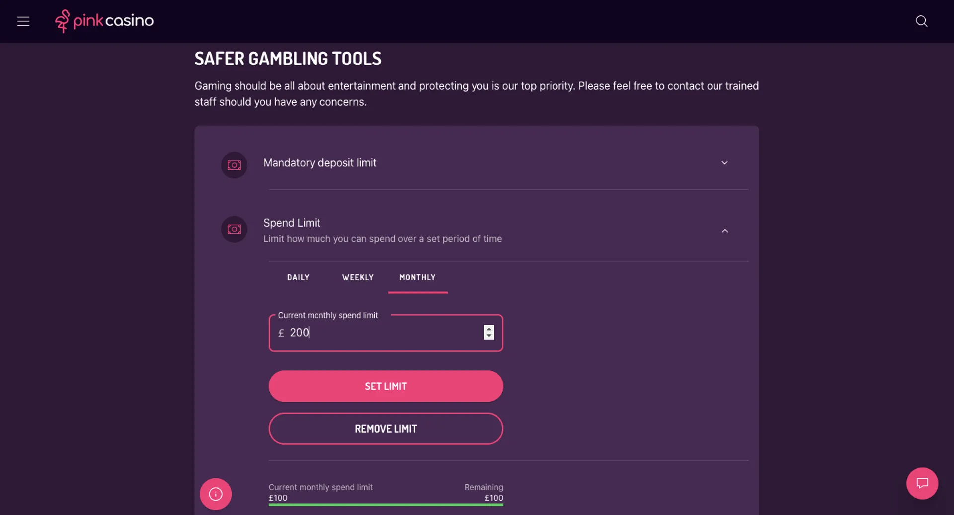 Pink Casino responsible gambling tools