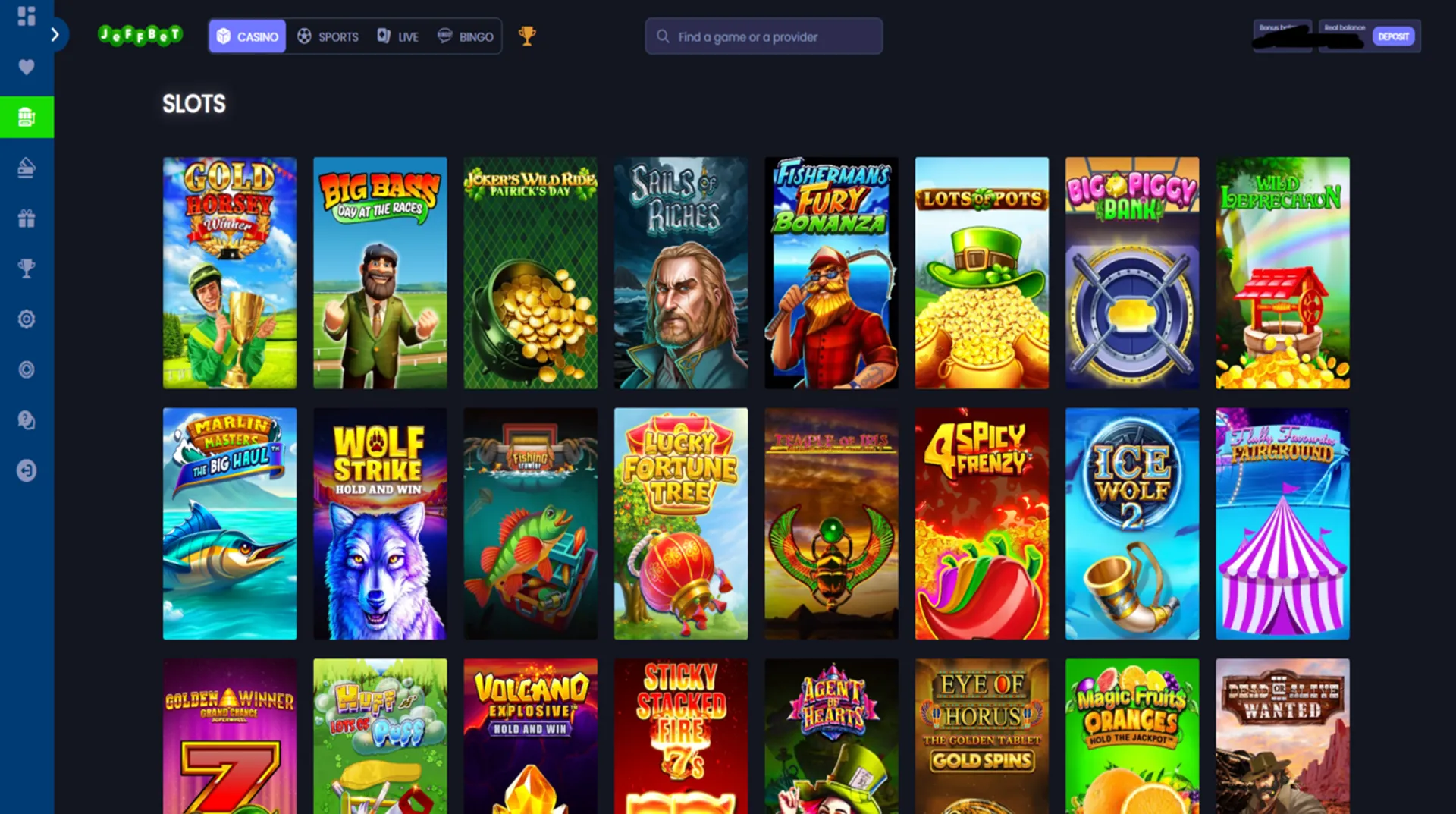 Slot lobby at Jeffbet