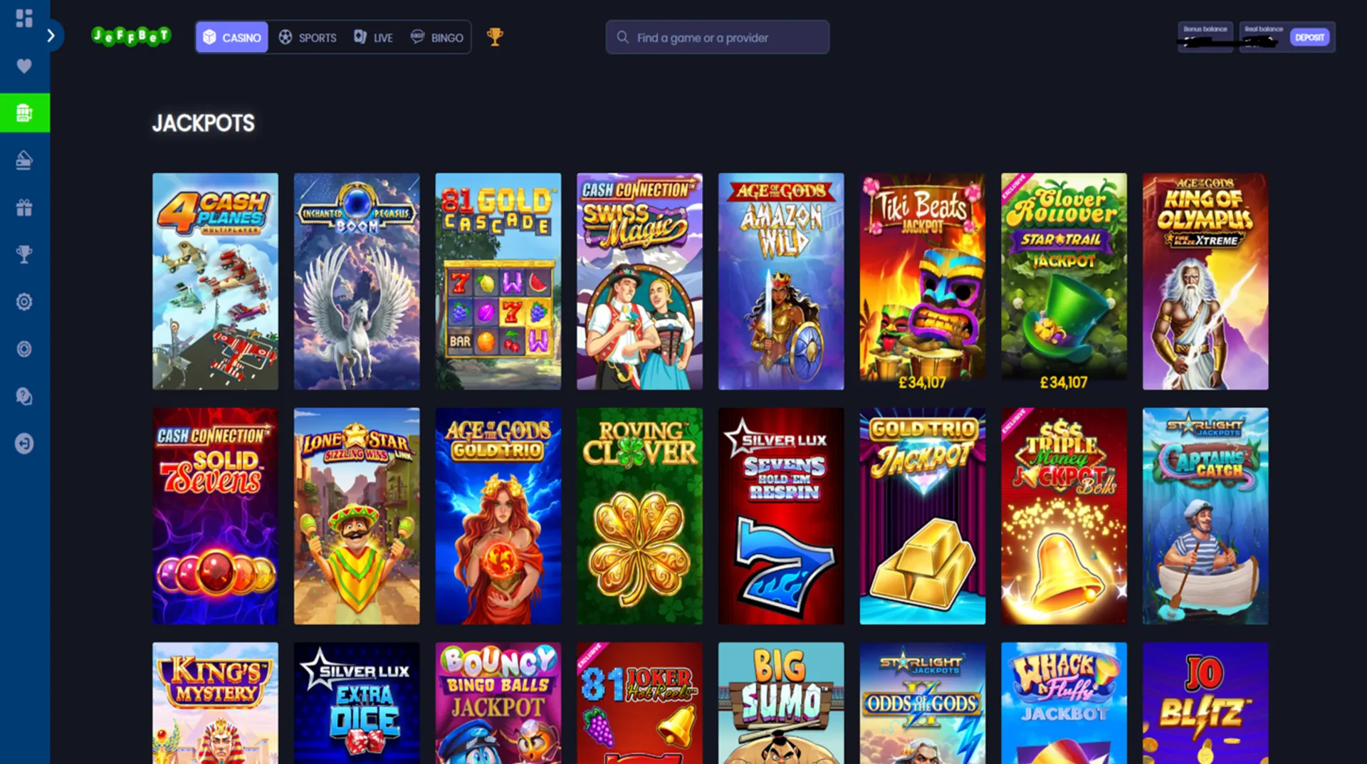 Jackpots lobby at Jeffbet Casino