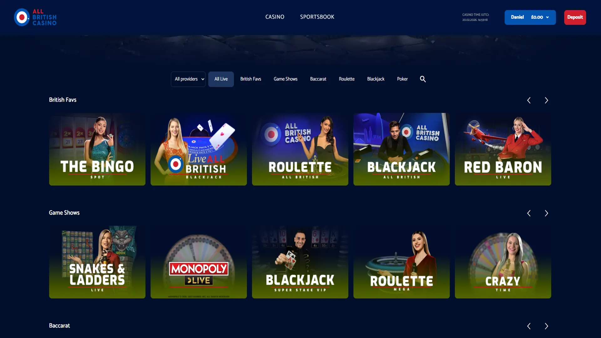 Live games at All British Casino