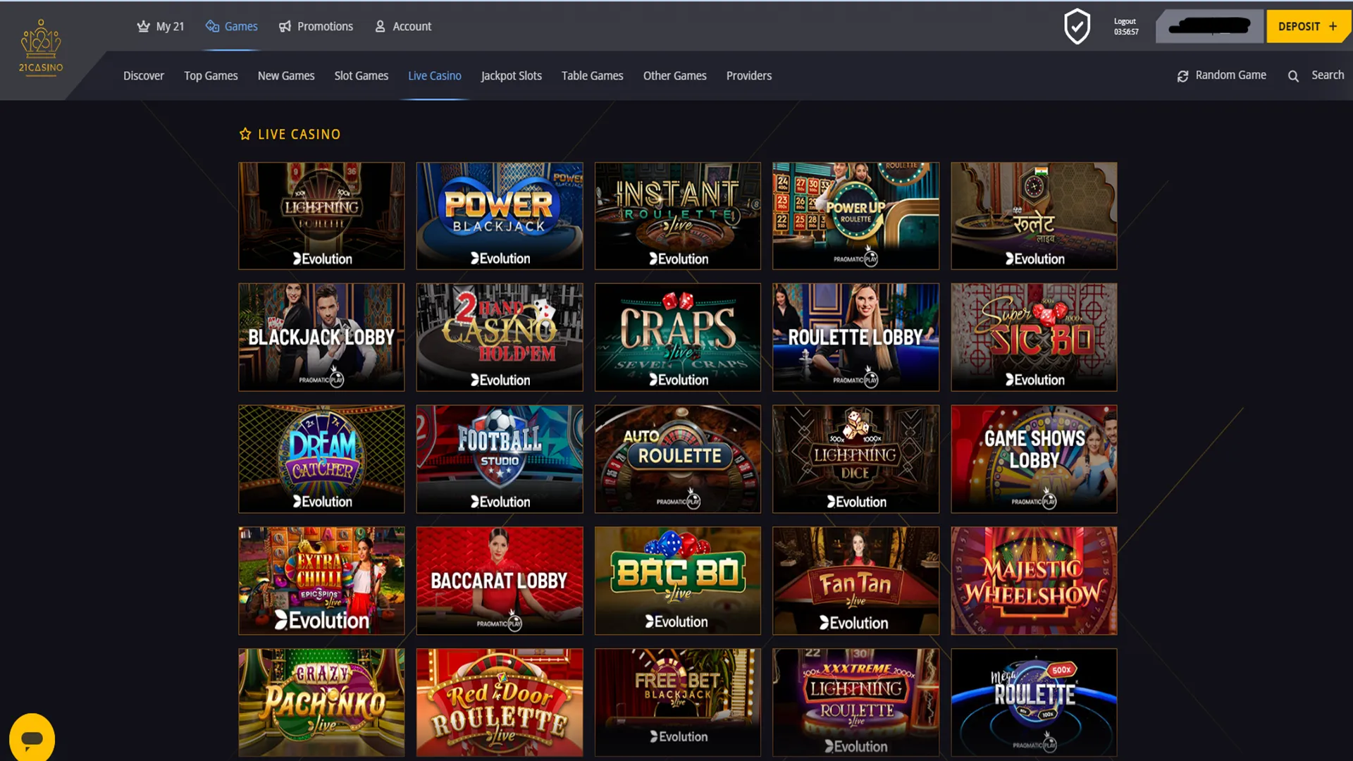 21 Casino live casino titles