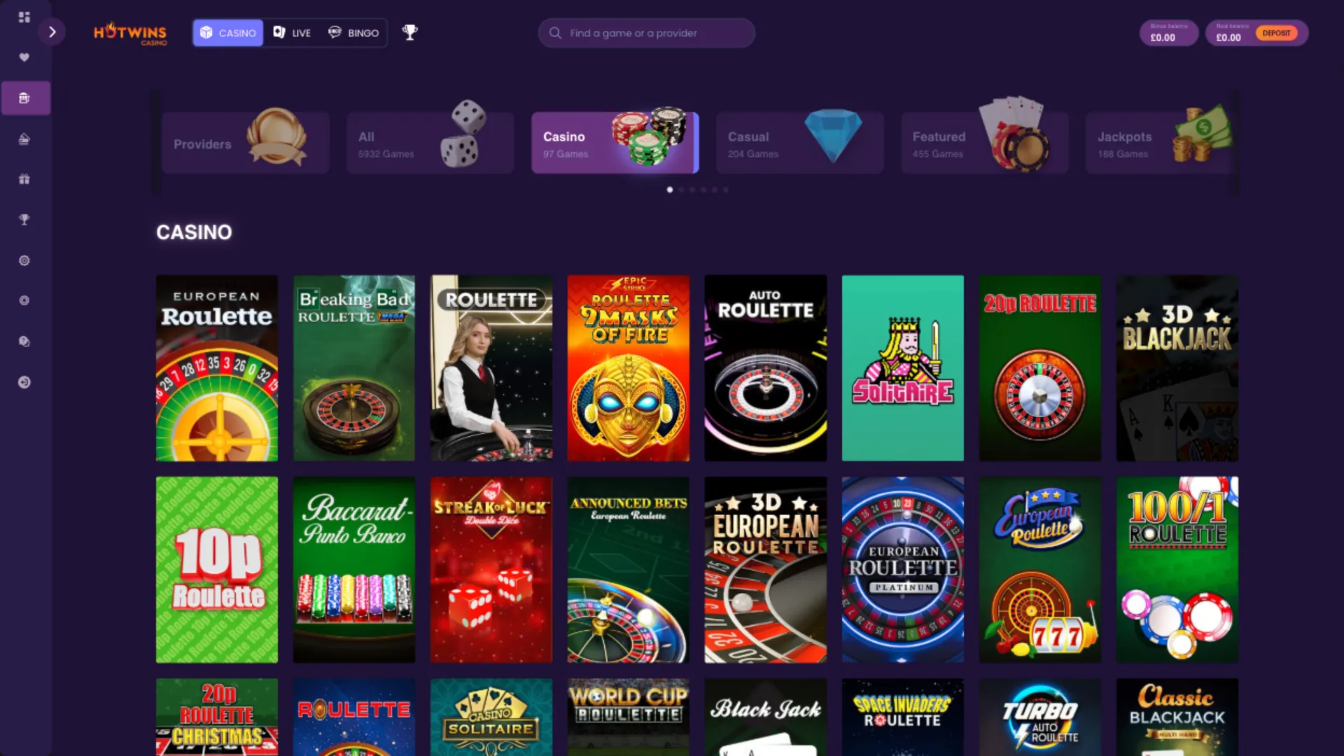 HotWins casino table games