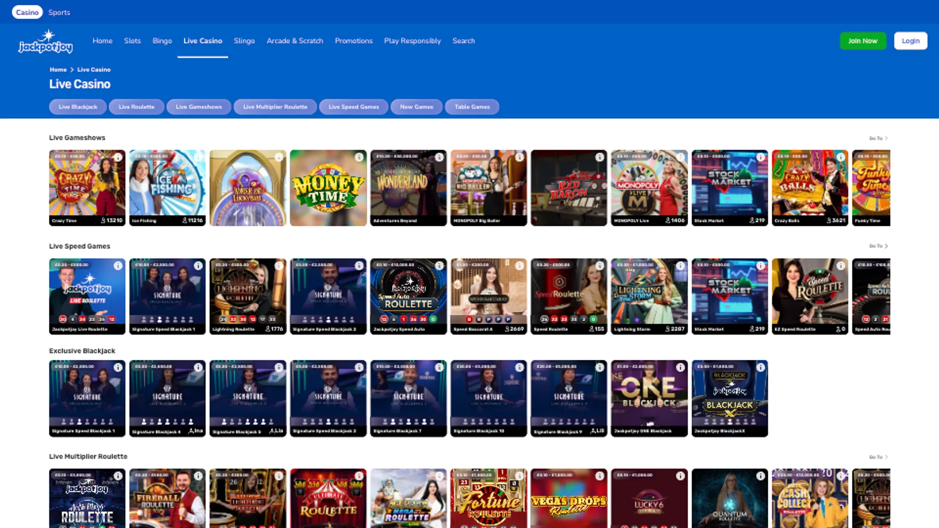 JackpotJoy casino live casino games