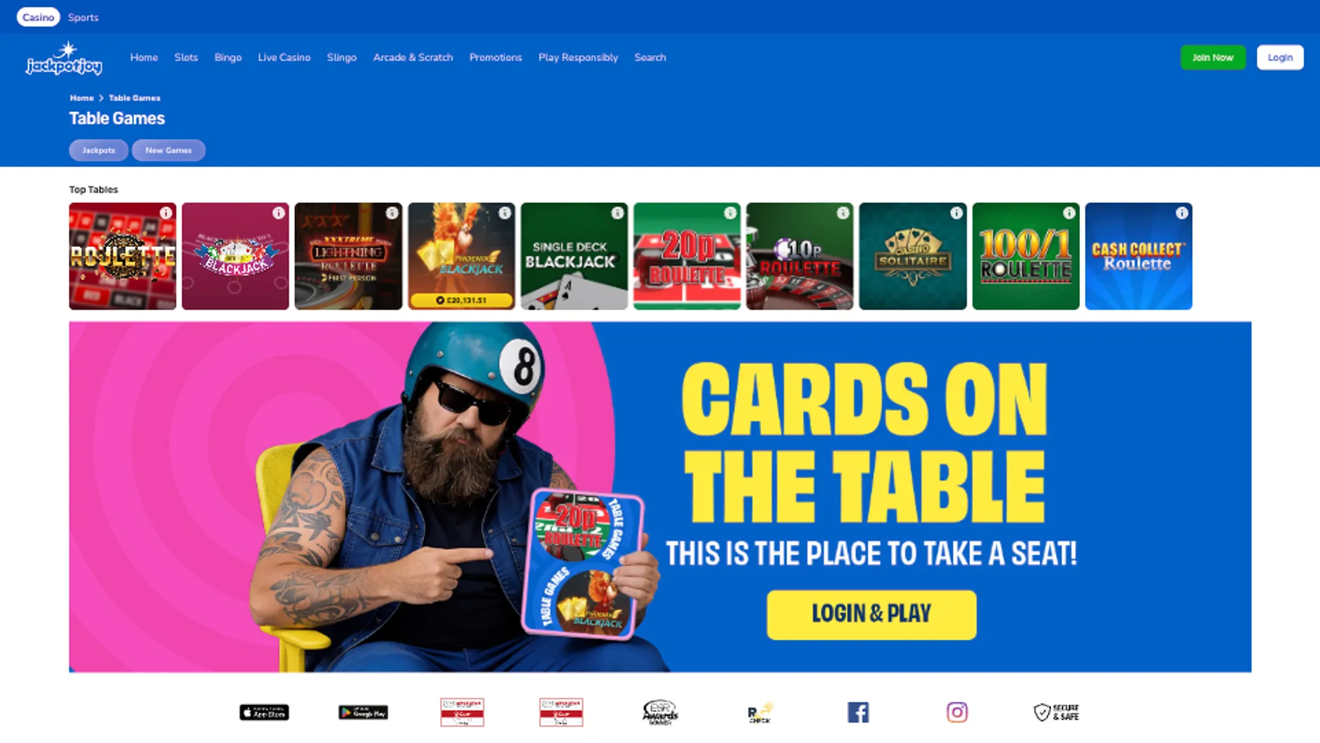 JackpotJoy casino table games