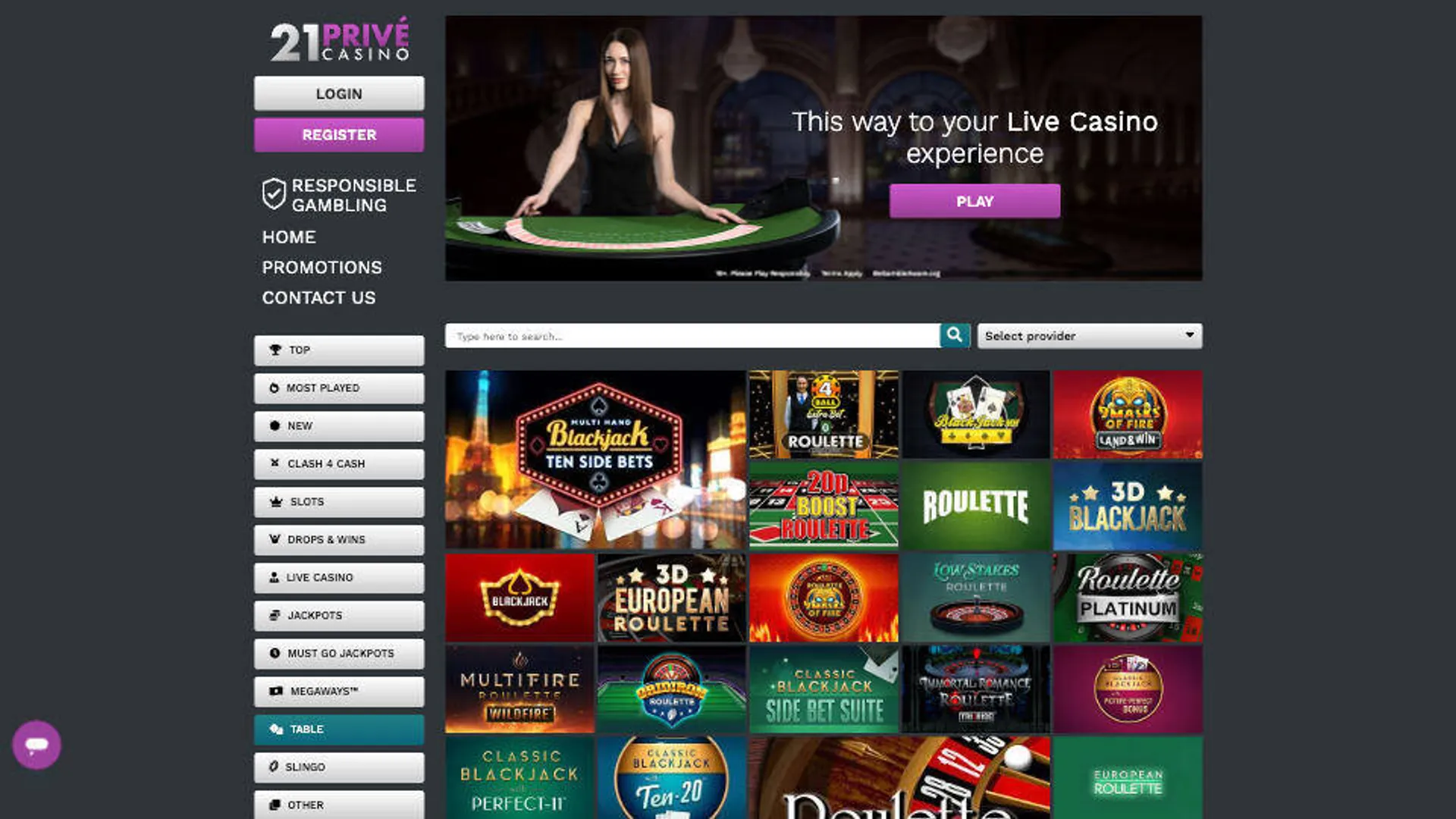 21Prive table games