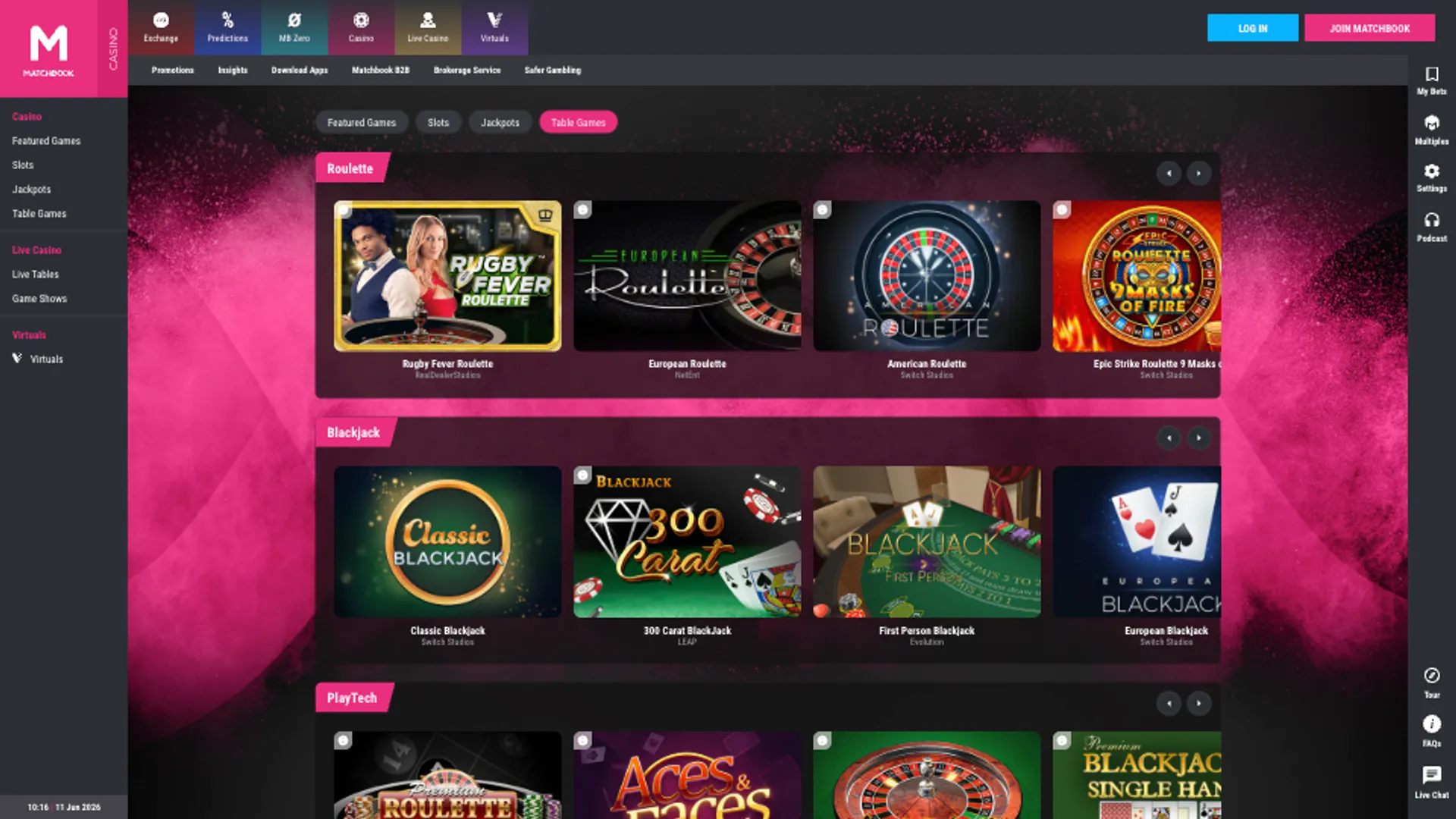 Matchbook Casino Table Games