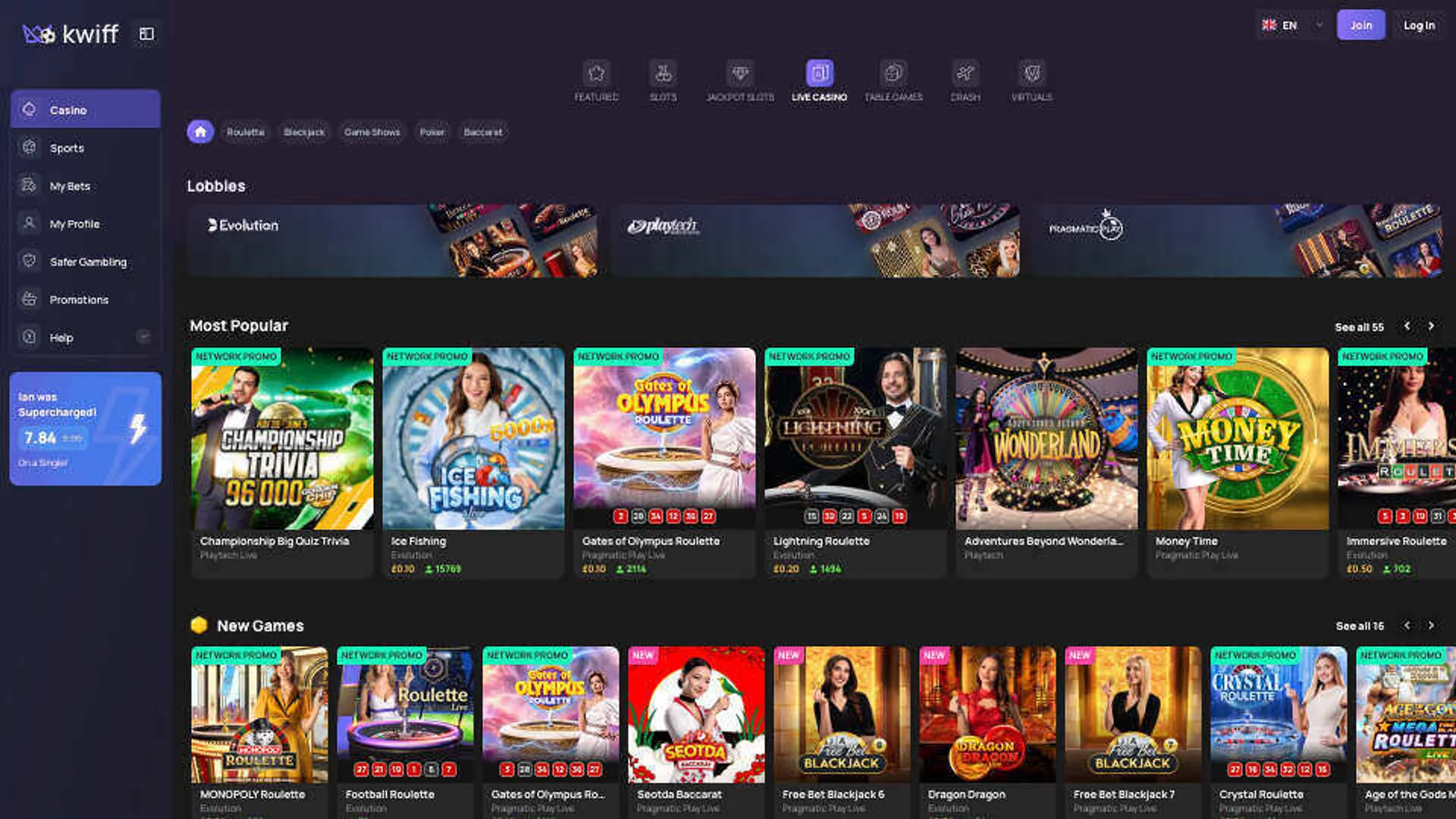 Kwiff live casino games
