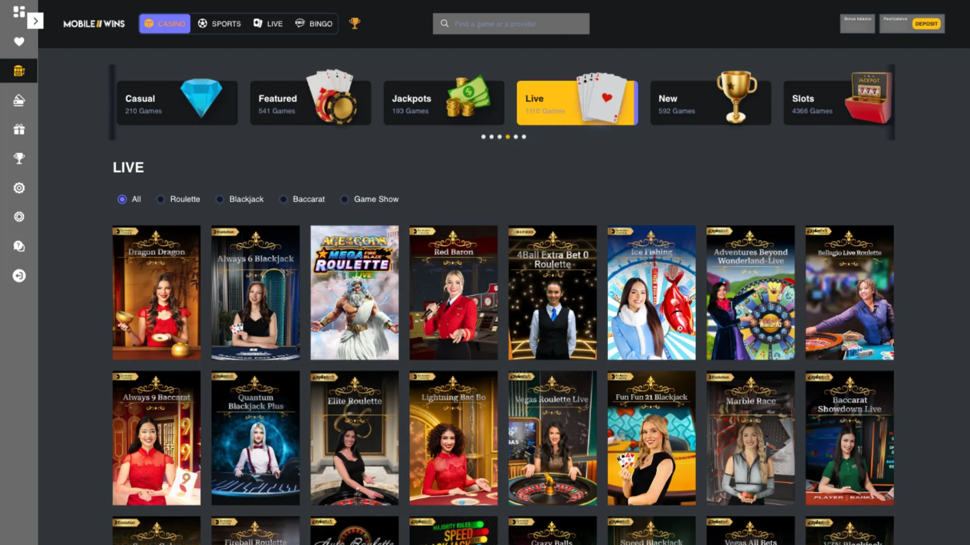 Mobile Wins Casino Live Games