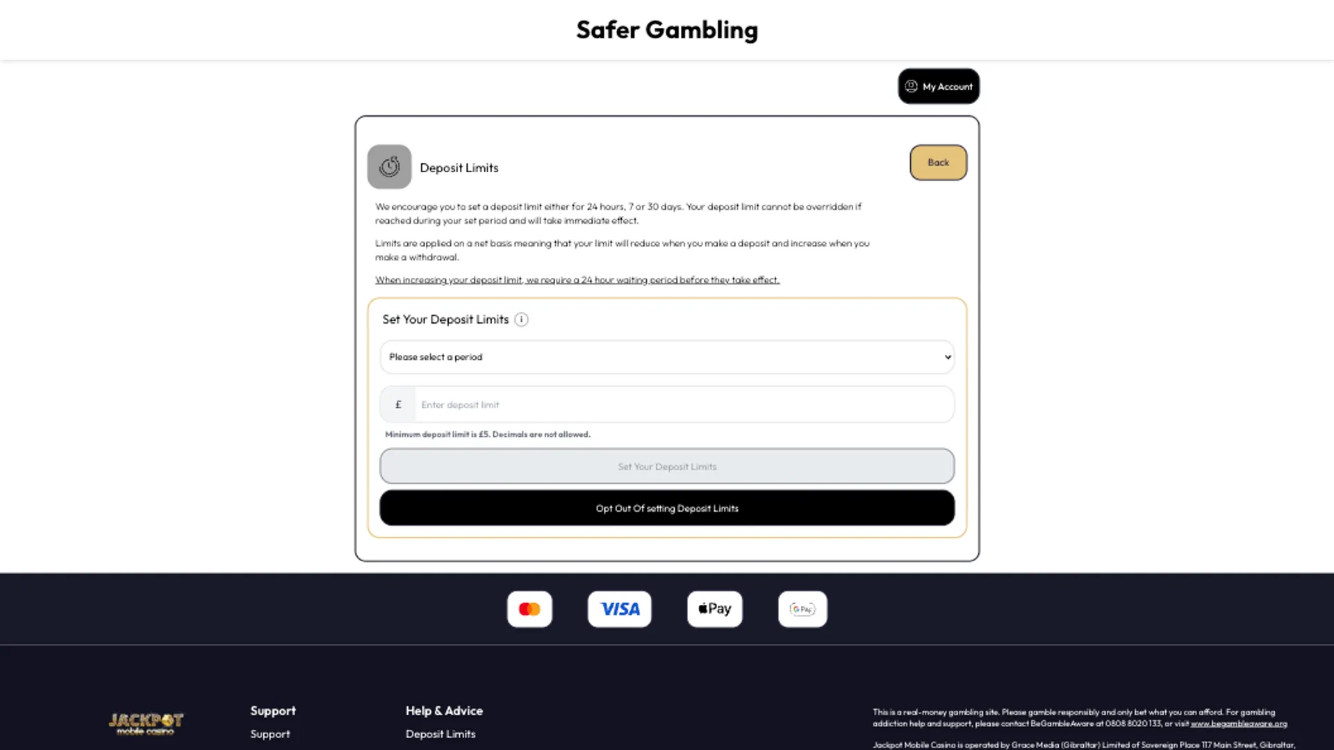 Jackpot Mobile Casino Responsible Gambling Tools