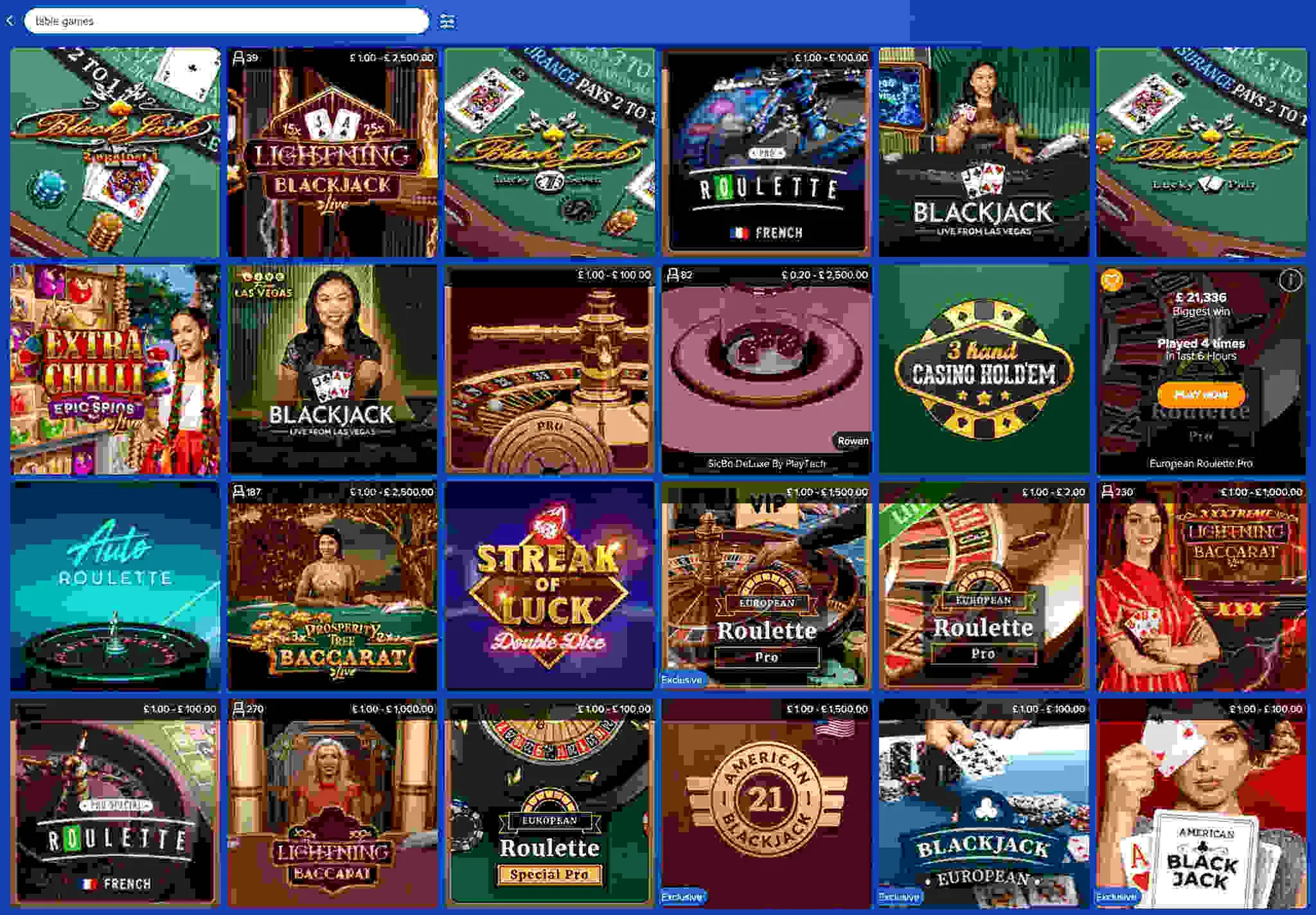 Table games at Ahti Games Casino