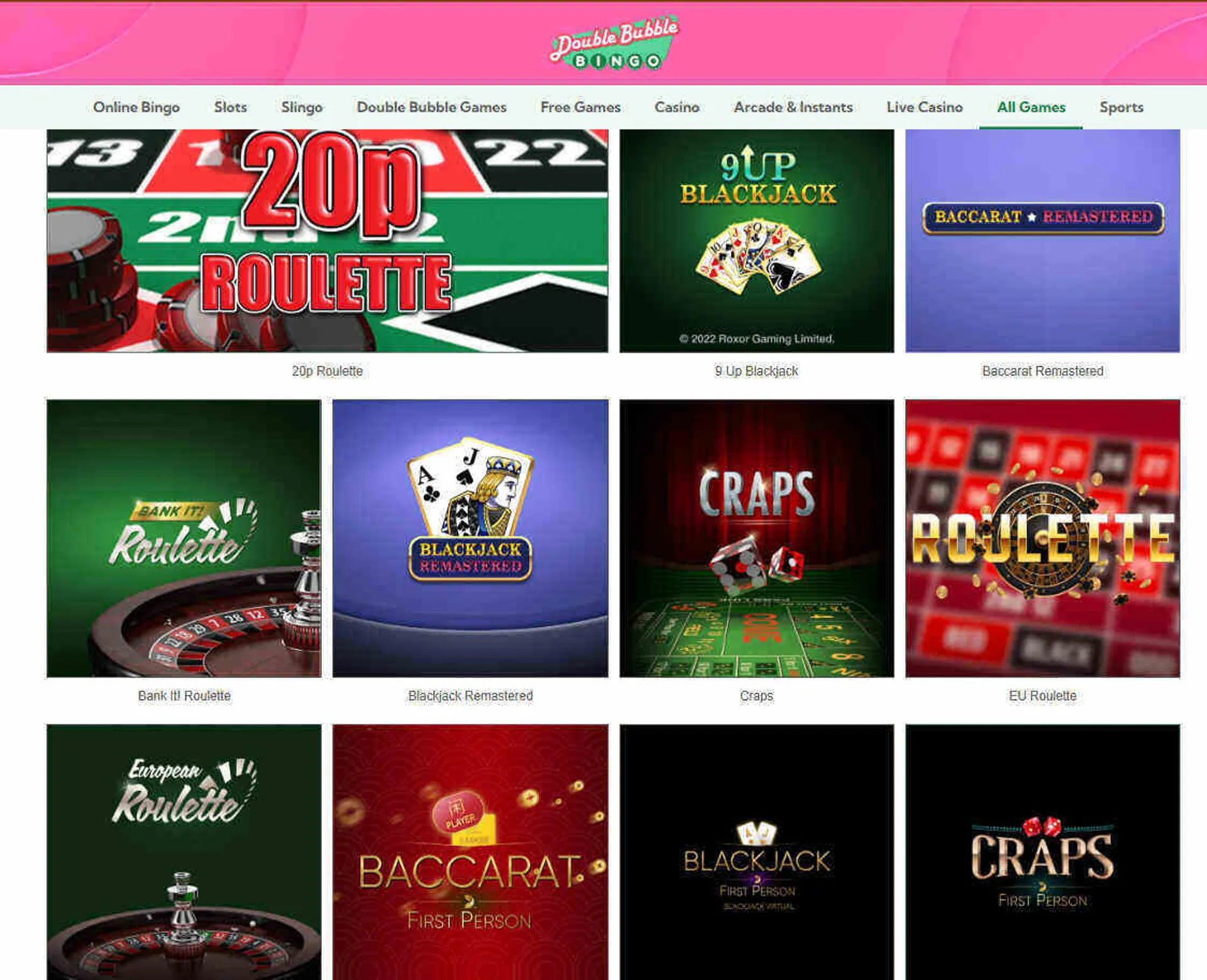 Double Bubble Bingo casino table games