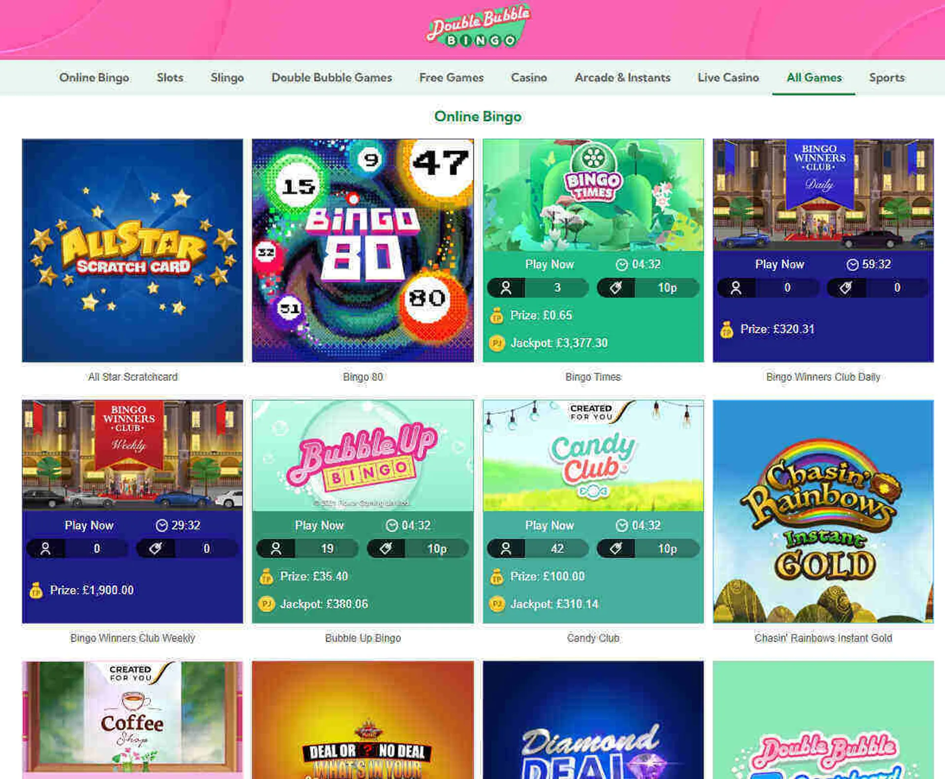 Double Bubble Bingo Casino exclusive games, bingo and slingo