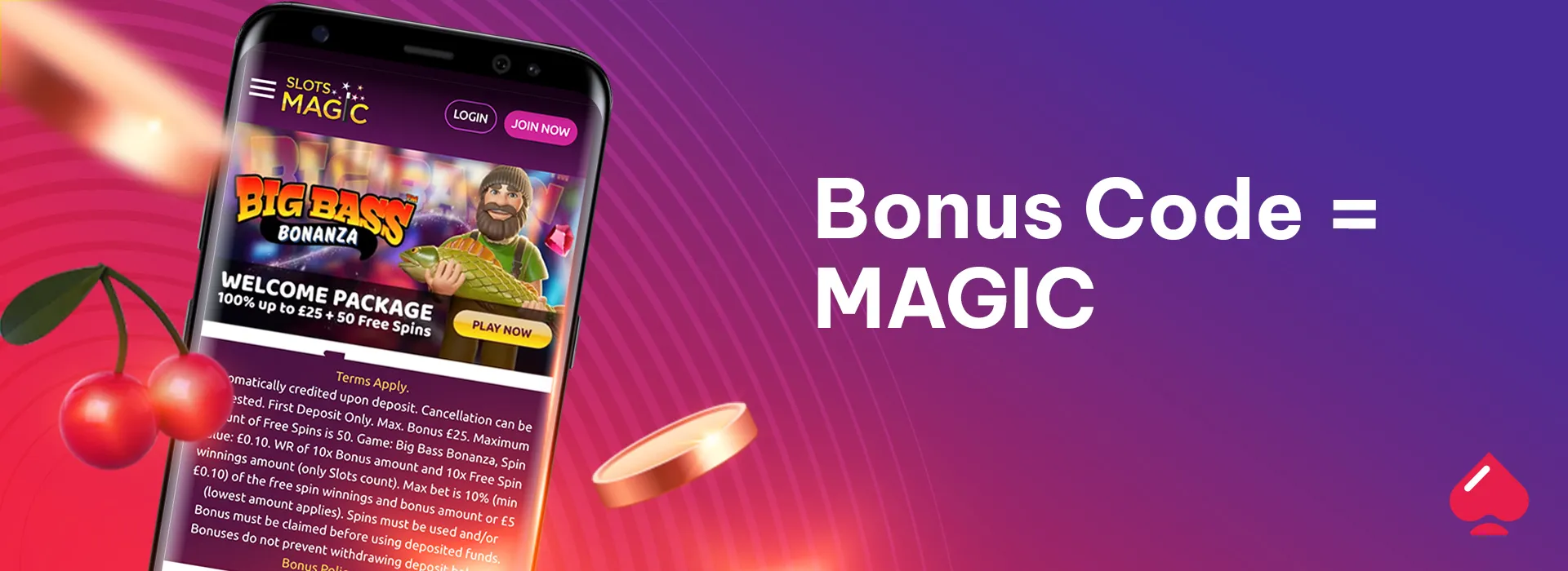 Branded CasinoTopsOnline image showing the SlotsMagic Casino bonus code: MAGIC
