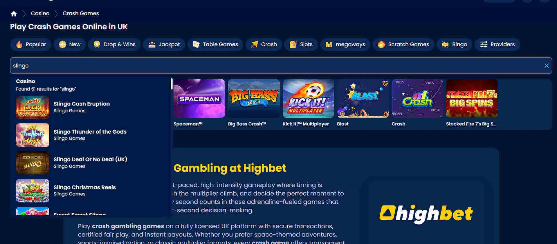Highbet Casino slingo and instant win games