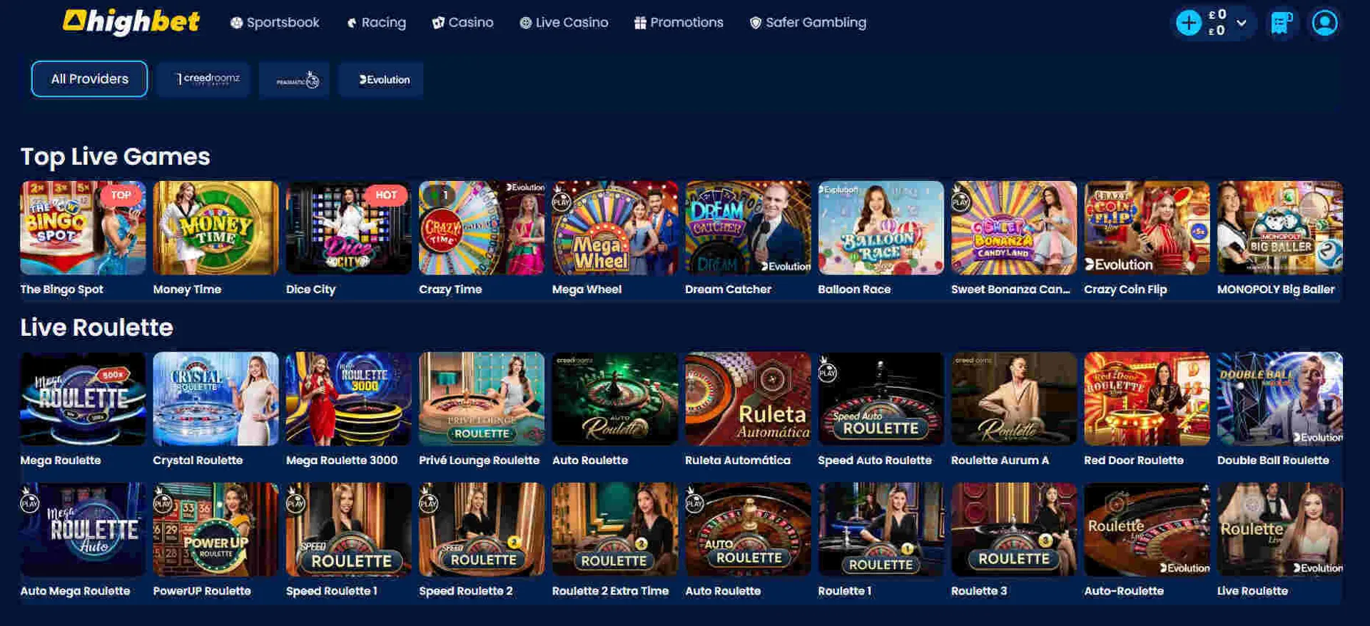 Highbet Casino live casino games