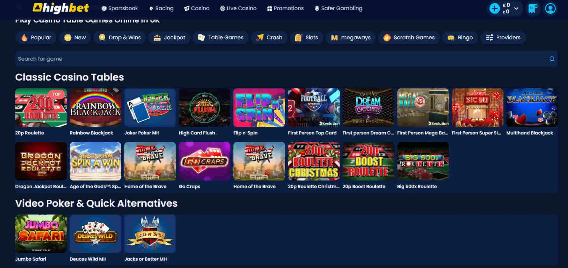 Highbet Casino table games