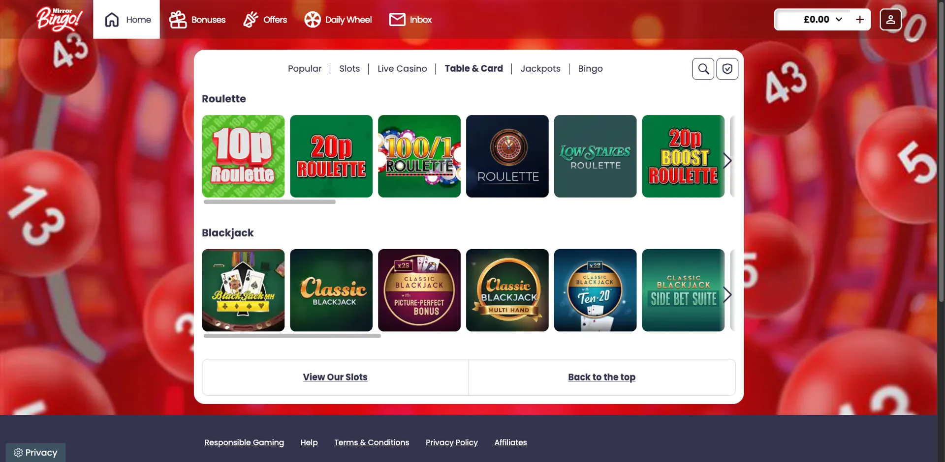 Mirror Bingo Casino Table Games