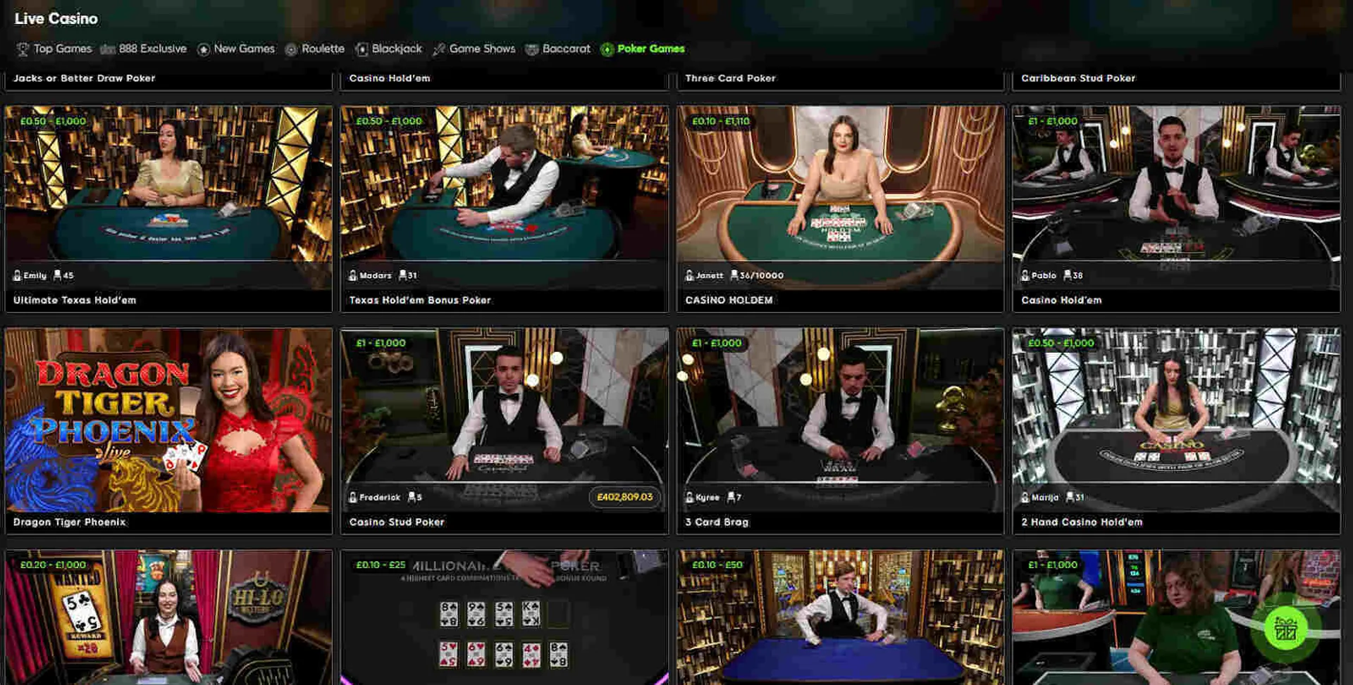 888 Live casino tables