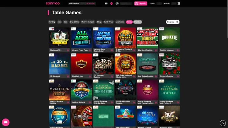 SpinYoo Casino table games